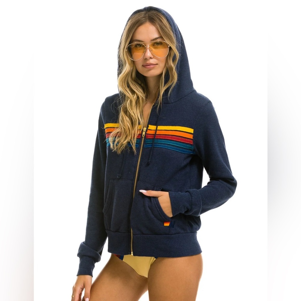 Aviator Nation Dark Blue Zip up Hoodie with 5 stripes